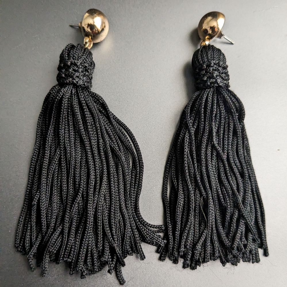 Black and Gold Hanging Tassel Earrings